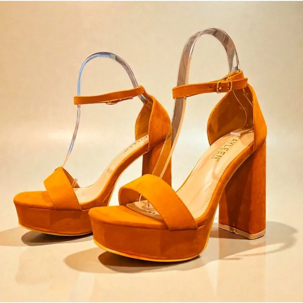 Block Heel Ankle Strap Open Toe Platform Sandals In Vibrant Camel Faux Suede